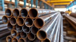 ai generated galvanized steel pipes stacked in orderly rows within a warehouse showcasing strength ai generated photo