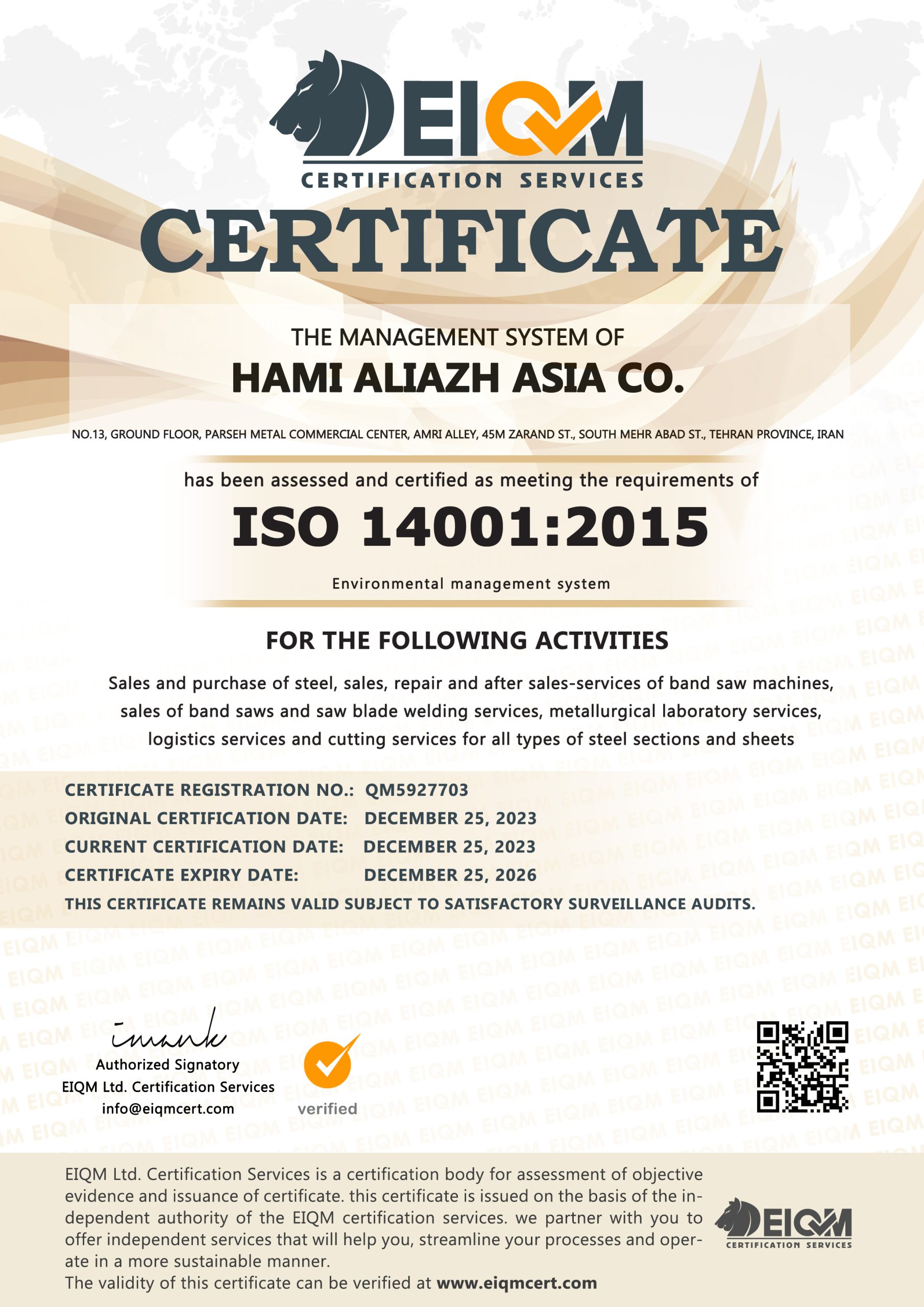 Hami Aliazh Asia Co -ISO14001- QM5927703