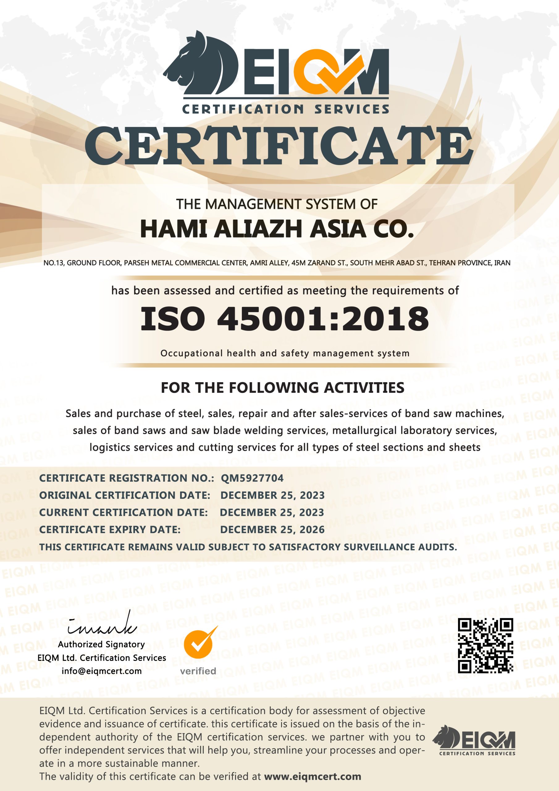 Hami Aliazh Asia Co -ISO45001- QM5927704